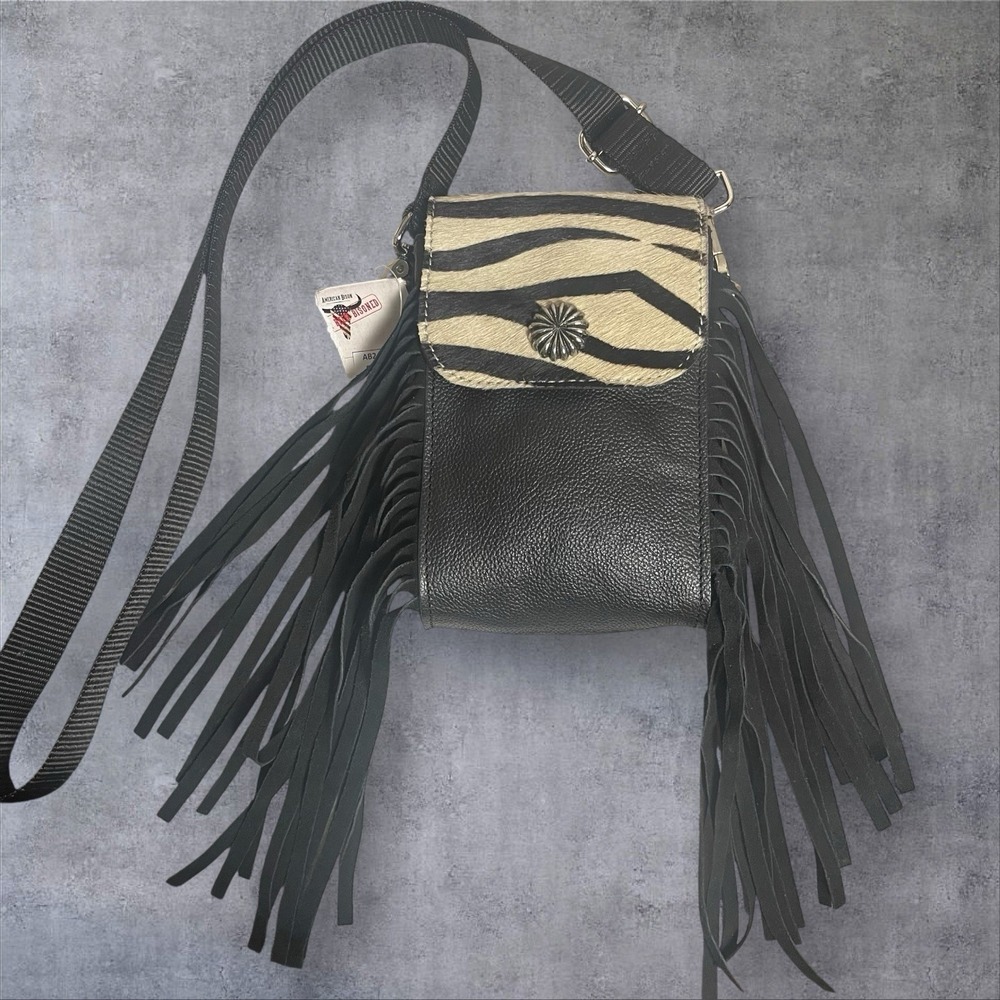 American Bison Black Leather Crossbody Bag Zebra Flap Fringe Western Boho Concho